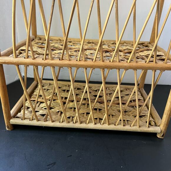 Vintage Wicker Rattan Wall Cabinet Shelf Hanging Bathroom Boho MCM Folding Towel - Picture 4 of 16